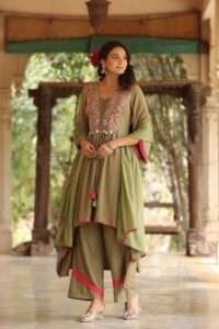 Olive Green Floral Embroidered Kurta With Pant And Dupatta 