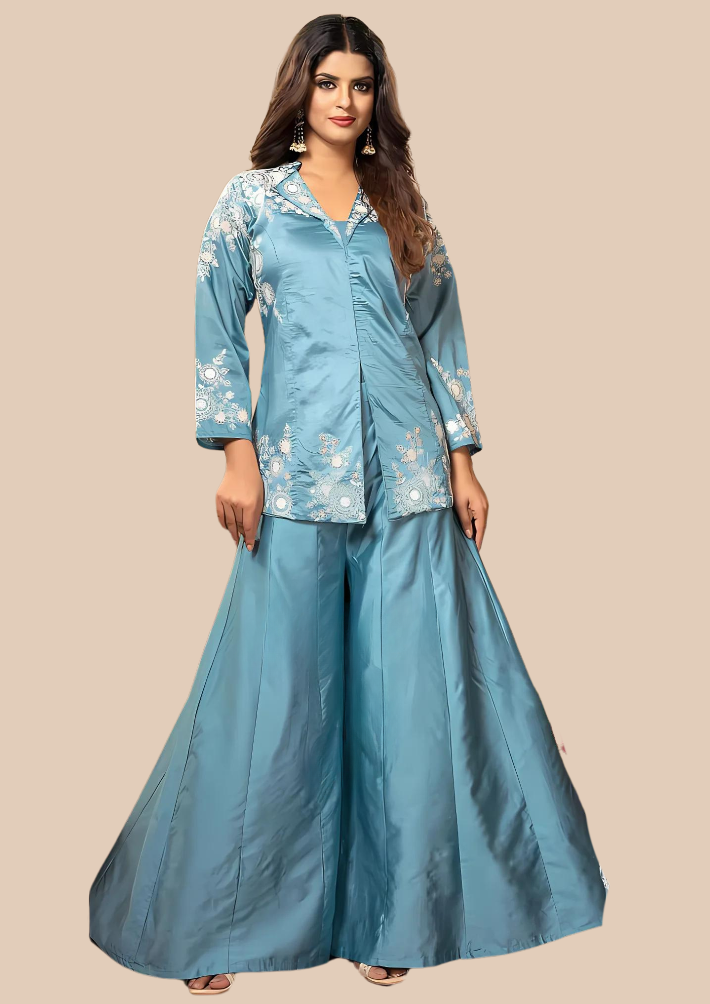 TEAL THREAD WORK JACKET SET WITH PLAZZO