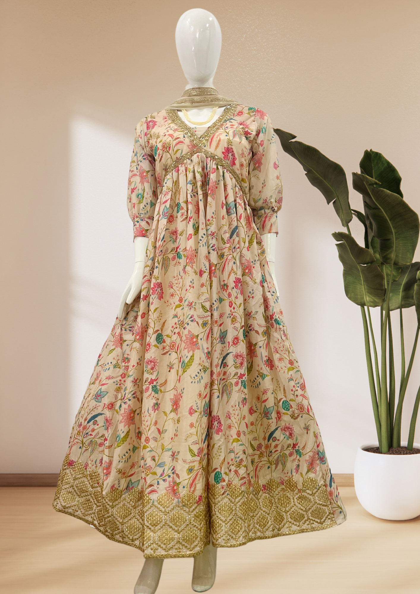 Floral Jaal Print Anarkali Suit Set With Dupatta