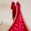 "Elegant red Chanderi silk suit featuring intricate gota phool embroidery."