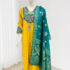 Elegant Women's Embroidered Kurta Trouser Set with Dupatta - Traditional Ethnic Wear for Women - Mustard & Teal - Comfortable Rayon Fabric - Perfect for Festive & Casual Occasions