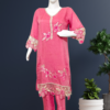 Embroidered Cotton Kurti and Trouser Set, Coral Pink, V-Neck, Flared Sleeves