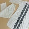 Stylish white embroidered kurta and pant set crafted from khaddar, offered in M, L, XL, and XXL sizes