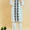 "Designer white kurta-pant set made of khaddar fabric, featuring fine thread embroidery, available in multiple size