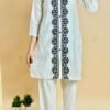 Thread-embroidered white cord set with a khaddar kurta and pant combo, perfect for a refined ethnic look