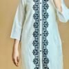 Elegant white khaddar cord set with thread embroidery, includes a designer kurta and pant in sizes M to XXL