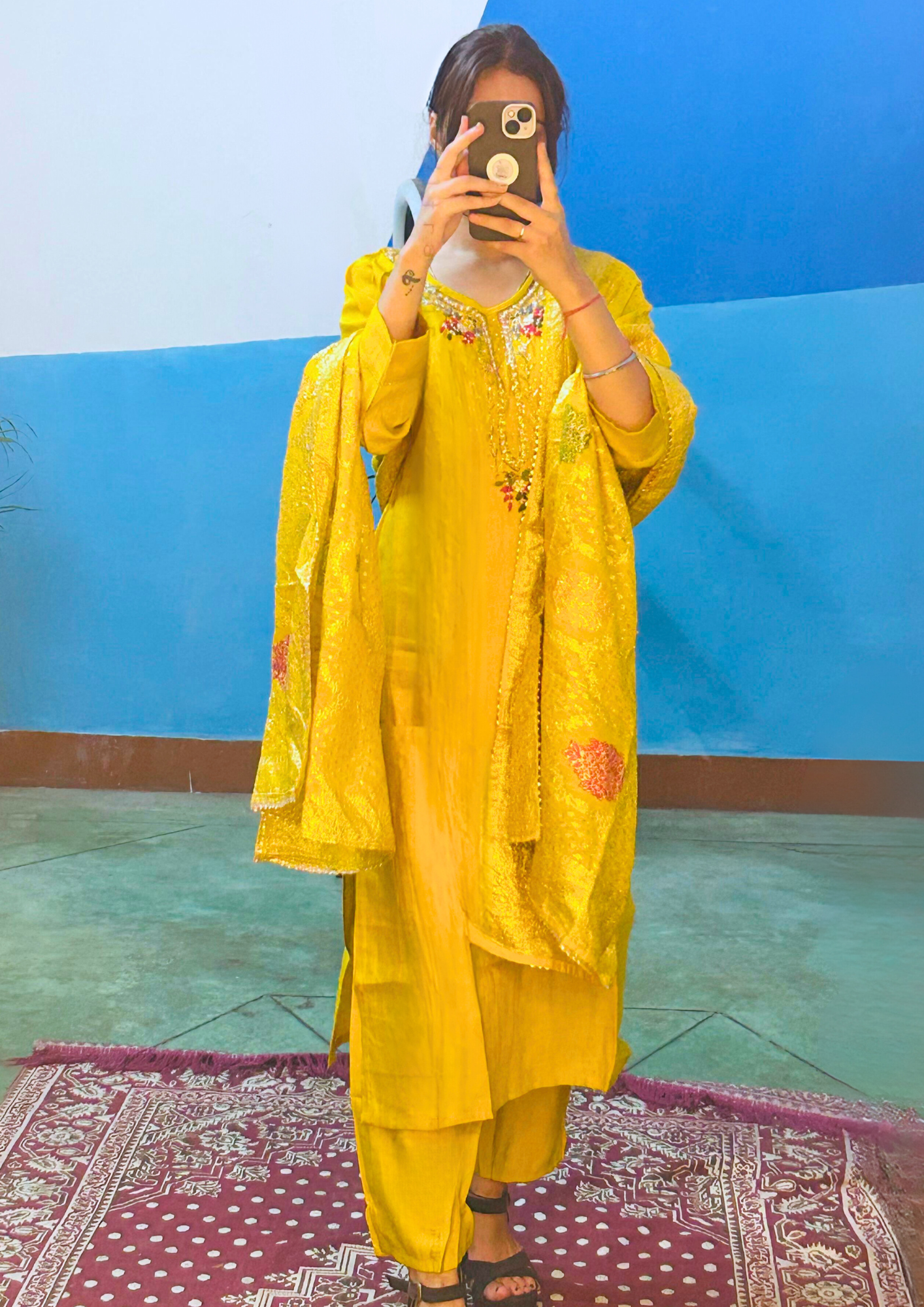 Embroidered Yellow Roman Silk Kurta and Palazzo Set for Women