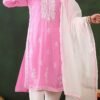 Elegant cotton kurti with ethnic thread embroidery, complemented by trousers and dupatta