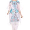Digital printed kaftan top with floral pattern in white and turquoise, paired with dhoti bottom and fringe detail