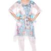 White and turquoise floral digital print kaftan top set with dhoti bottom and fringe accents