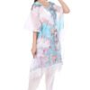 Elegant white and turquoise floral kaftan top with fringe detail, complemented by dhoti-style bottom