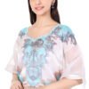 Floral patterned digital printed kaftan top and dhoti bottom set in white and turquoise with fringe detail