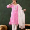 Comfortable cotton kurti with intricate thread embroidery, paired with matching trousers and dupatta